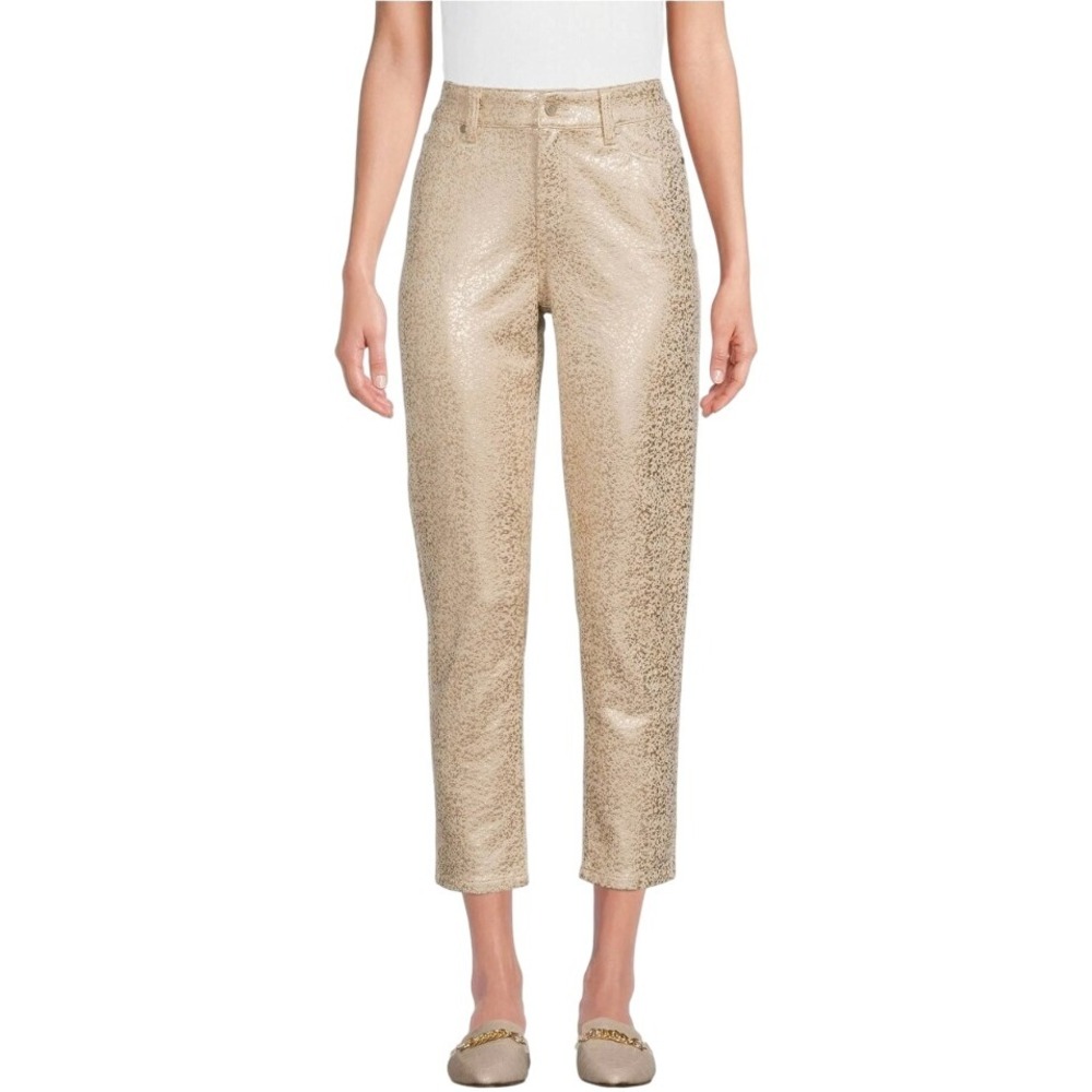 Time and Tru Womens Metallic Gold‎ Animal Print High Rise Slim Crop Pants